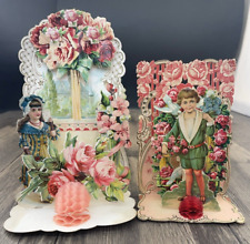 Antique Floral Valentine Card Die Cut Fold Out 3D Pop Up Boy Girl Victorian picture