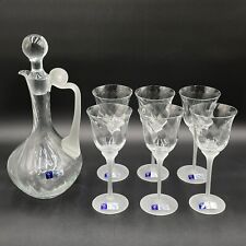 VTG Romanian Decanter & 6 Glasses Frosted Twist Swirl Handle Stems Crystal Clear picture