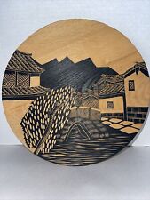 Asian Village Plaque Hand-Carved Wood Round Scene Wall Hanging 9” picture