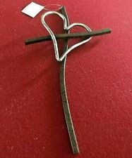 Metal CROSS w/Silver Wavy Heart (Bronze Wall Crucifix) ~ A Classy Gift of Faith picture