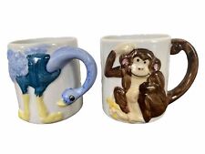 Vintage JSNY Children's Ceramic 3D Animal Mugs Cups Monkey Ostrich 70s picture