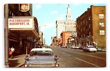 Postcard Third Street Looking East Davenport Iowa Street Scene Old Cars Signs picture