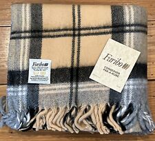 Vintage Faribo Faribault Woolen Mill Blanket Tan Brown Gray Plaid Fringe Throw picture
