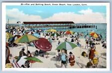 1920's OCEAN BATHING BEACH AND PIER NEW LONDON CONNECTICUT CT COLORFUL UMBRELLAS picture