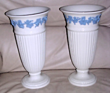 Set f 2 11” Vase Wedgewood Queens Ware England Lavender n Cream GrapeVine Fluted picture