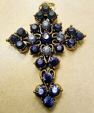 Vintage BIG Religious Christian Cross Necklace Pendant Blue Stone Encrusted  picture