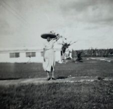 Woman Standing In Yard With Large Hat Sombrero B&W Photograph 3.25 x 4.5 picture