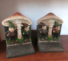 BRADLEY & HUBBARD No Evil Gnome Elf Pixie Mushroom Cast Iron Bookends Pair picture