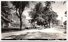 RPPC High School, Merrill Wisconsin - Real Photo Postcard - Old Cars, 1950 picture