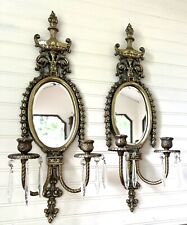 2 Antique Solid Brass Oval Empire Ornate Wall Mirror Sconce Double Candle Holder picture
