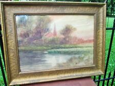 Antique Framed E L EDWARDS Signed Watercolor Painting Barn w Tower on Pond 25