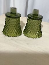 Pair Of Avocado Green Diamond Point Peg Glass Candle Holder 3.25” picture