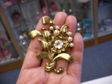 Vintage Faux Pearls & Rhinestones Floral Shape Pin Brooch #B146 picture