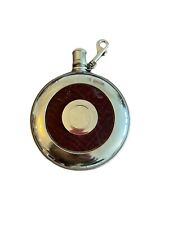 Vintage Circular Silver Flask Leather Detail 4” Diameter  picture