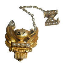 Vintage 10K Gold Diamond & Pearls Delta Zeta Sorority Fraternity Badge Pin 4g picture