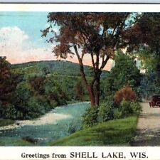 c1910s Shell Lake, Wis. Greetings River Car Postcards Stock Litho Photo WI A63 picture