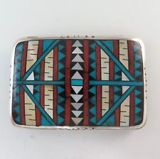 Heavy Sterling Silver Flush Mosaic Inlay Southwestern Belt Buckle picture