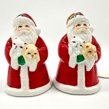 Vtg. Santa Claus Bell Ornament Santa Holding Kitten Puppy Cat Dog Set of 2 picture