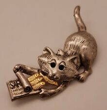 Vintage Danecraft CAT w green rhinestone eyes opening can of sardines brooch pin picture
