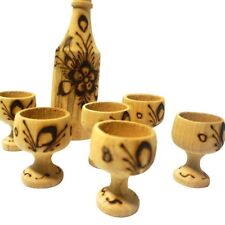 Vintage Boho Art Treasure: Handcrafted Wooden Pyrography Decanter Set - 6 Cups picture
