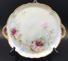 Elite Limoges Floral Pink & Red Roses Handled Plate w/ Gold Scalloped Edges 10