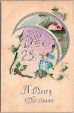 Vintage 1910s MERRY CHRISTMAS Embossed Postcard / Air-Brushed Moon & House Scene picture