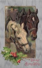 Christmas Wishes 2 Farm Horses Drinking Embossed Vintage Postcard picture