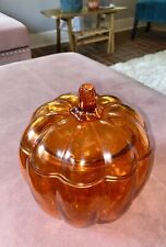 VintageAnchor Hocking Orange Glass Pumpkin Candy Dish W/Lid Halloween Fall Amber picture