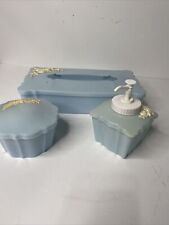 Vintage Schwarz Bros MCM Vanity Set Blue Tissue Box Holder Cream Powder 3 Pc picture