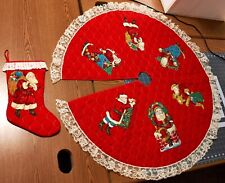 Old Time Santa Tree Skirting With 1 Stocking Lace Quilted Red Vintage picture