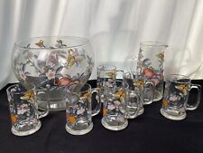 Vintage 8 piece Glass Punchbowl Set Floral Butterfly Design 6 mugs pitcher 1960s picture