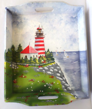 Vintage Hand Painted Wood Handled Tray  Nautical Seaside Seascape Light House picture