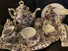 Antique RARE 16 Piece Victoria’s Garden Porcelain Purple Violets Tea Set Very G picture