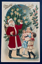 Silk Santa Claus with Tree~Victorian Children~Doll~ 1910 Christmas Postcard~k250 picture