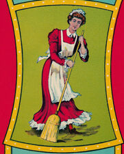 LIttle Miss Vintage Litho Broom Label c 1920s 1930s Maid in Apron Lady Sweeping picture