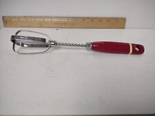 VINTAGE UNIQUE RED WOOD HANDLED PUSH SPRING ACTION MIXER EGG BEATER WHISK picture