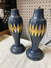 Antique Pained Blue Wooden Lamps Pair  Rustic Primitive picture