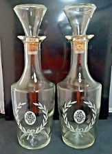2 Vintage Pair Decanter Clear Glass Bottles W/ Stoppers Wreath Design 60s MCM picture