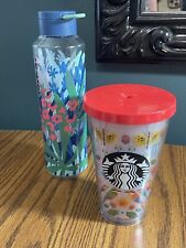 Starbucks Cold Cups 2 Plastic Summer Cheetah Water Bottle Insects Tumbler *Read picture