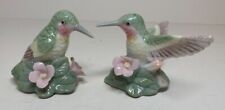 Green Hummingbird Pair Birds Sitting on Pink Flowers Salt and Pepper Shakers picture