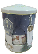 Pier 1 Imports Musical Tin Cookie Canister Christmas Cats Dogs White Blue 7