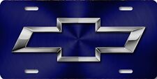 Chevy Bowtie Blue & Silver Chrome look on Carbn-fiber FLAT License Plate 12