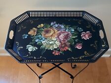 Mid Century Tole Art Tray Table Hand Painted  Wrought Iron Base Large FOLDING picture