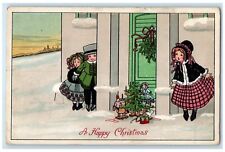 c1910s Christmas Children Hiding Put Present On Front Of Door Duluth MN Postcard picture