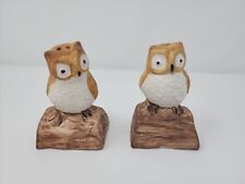 Vintage Hand Made Painted Owl on log Salt And Paper Shakers picture