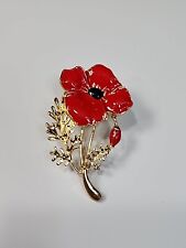 Poppy Brooch Pin Gold Color Leaf & Stem Veterans Memorial Remembrance Day * picture