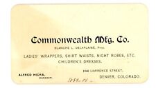 Commonwealth Mfg Co Denver Colorado Ladies clothing business card dated 1889 picture