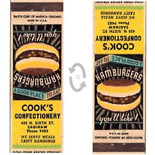 Vintage Matchbook Cover Cooks Confectionery burger restaurant 1940s Saginaw MI picture