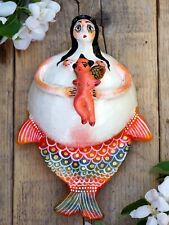 Mermaid and Angel Baby Coconut Wall Ornament Handmade Guerrero Mexican Folk Art picture