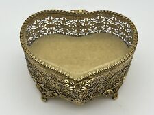 Vintage MCM Heart Shaped Gold Toned Filigree Metal Beveled Glass Trinket Box picture